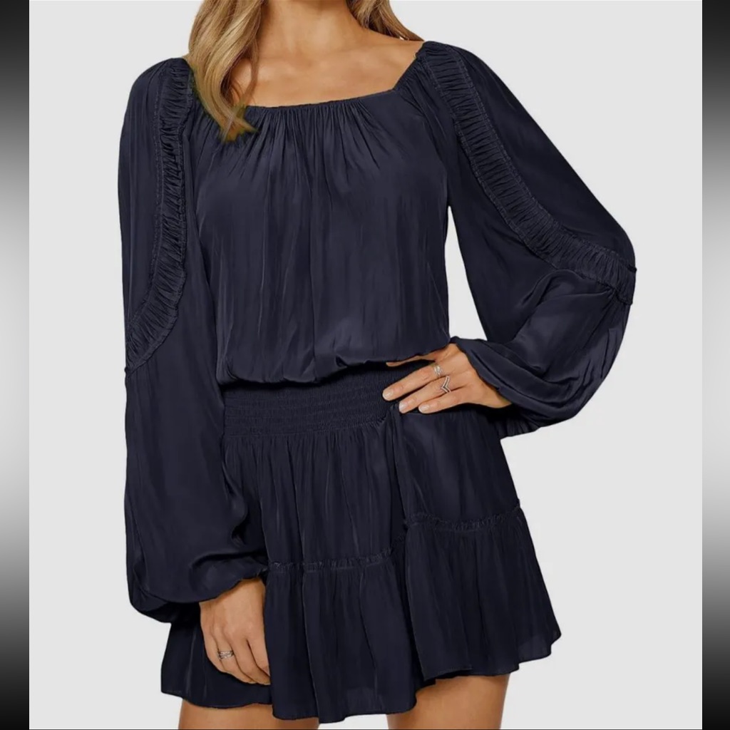 Ramy Brook Nwt Long Sleeve Smocked Waist Silvy Mini Dress Navy Blue Size L